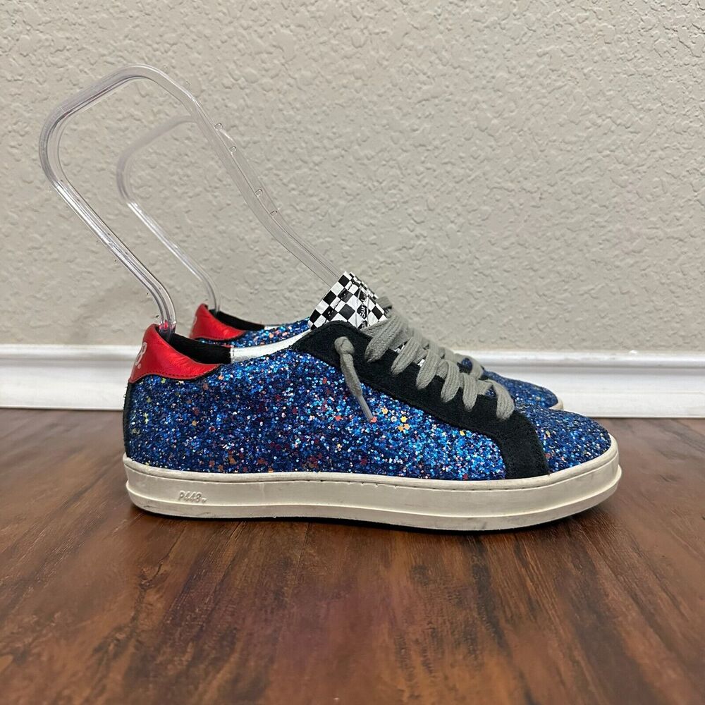 P448 John Low Top Glitter Fashion Sneakers Checkered Cobalt Blue